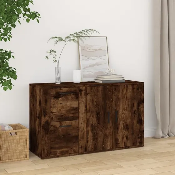 Hvid højglans Skænk 100x33x59,5 cm i røget egetræsfarve