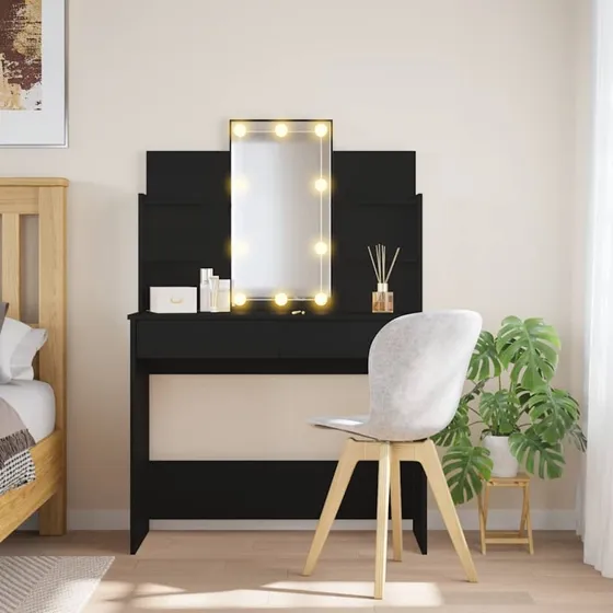 vidaXL Makeupbord med LED-lys 96x40x142 cm, sort