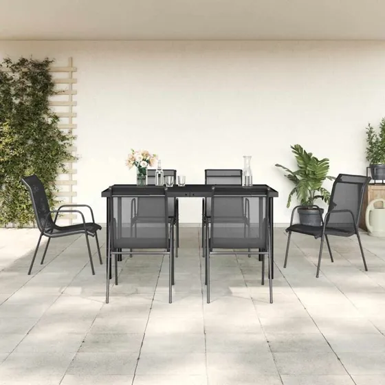 vidaXL 7-delers spisebordssæt til haven, stål og textil, sort, 150 cm