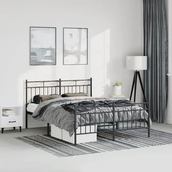 vidaXL Sengeramme 135x190 cm Sort Metal med Gavl og Fodgærde