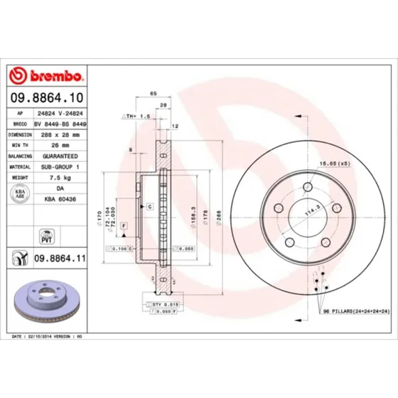 Brembo Bremseskive 09.8864.11 for Jeep Cherokee (Prime)
