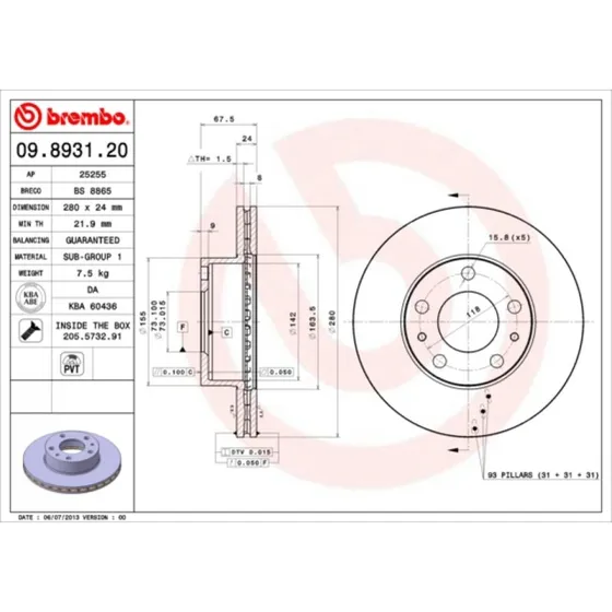 Brembo Bremseskive 09.8931.21 for Ducato, Boxer, Citroën