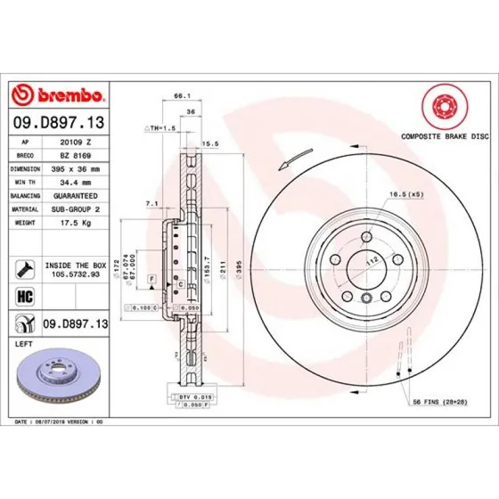 Brembo Bremseskive 09.D897.13, Venstre, BMW 7, 8, X5, X6, X7