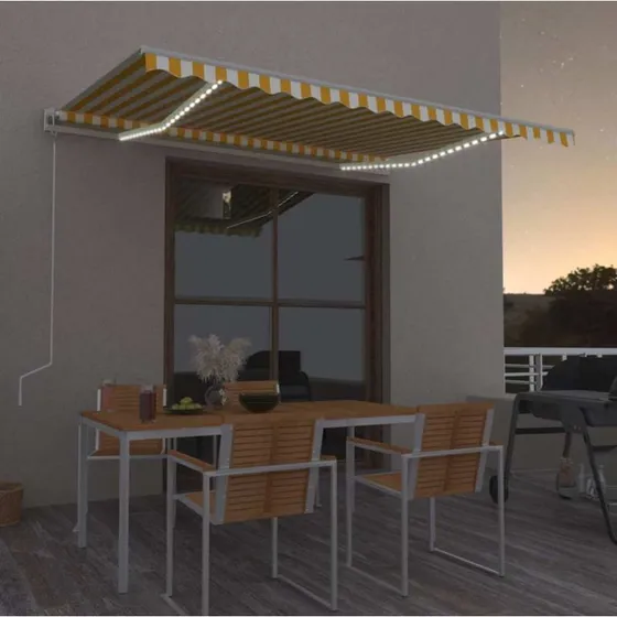 vidaXL Markise 450x350 cm automatisk med LED og vindsensor, gul og hvid