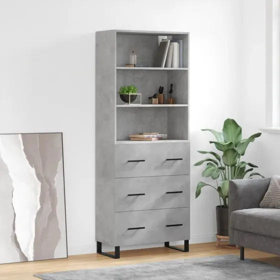 vidaXL Højskab 69,5x34x180 cm Konstrueret Træ Betongrå med 3 Skuffer