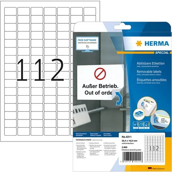 HERMA 4211 Hvid Selvklæbende Printeretiket, A4, 2800 stk