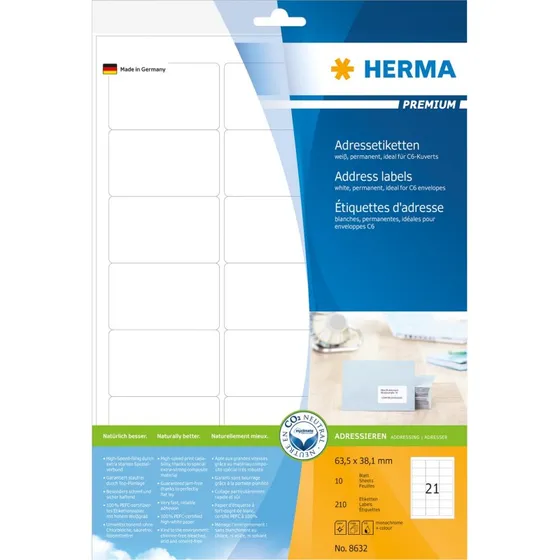 HERMA Premium Laminerede Adressemærkater 63,5 x 38,1 mm, 210 stk
