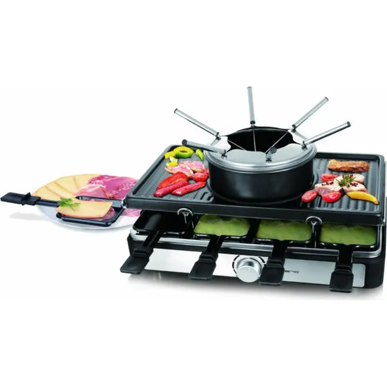 Emerio Raclettegrill RG-124930, 8-pans, stålgrill, fondue, sort med sølv detaljer