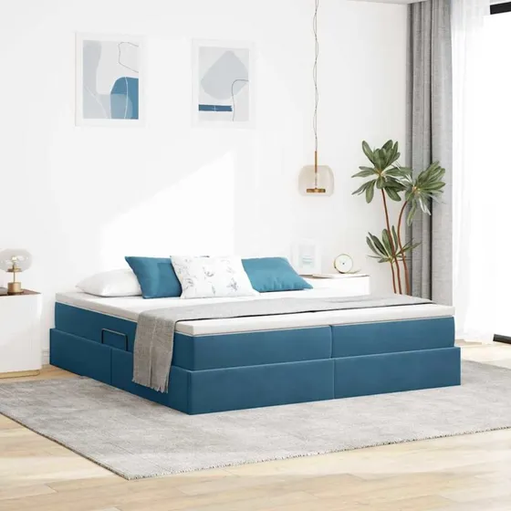 vidaXL Seng med opbevaring, 200 x 200 cm, mørk blå, fløjl