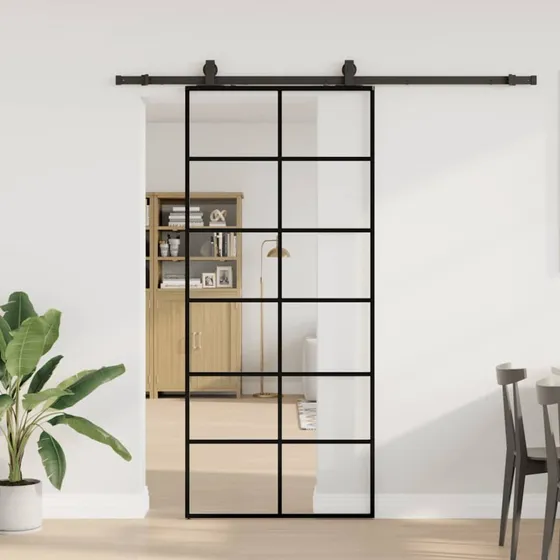 vidaXL Skydedør 90x205 cm ESG-glas sort med hardwaresæt