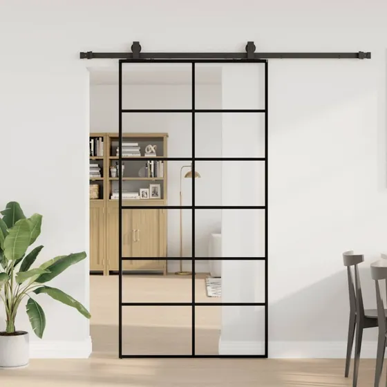 vidaXL Skydedør 102x205 cm ESG-glas sort med hardwaresæt