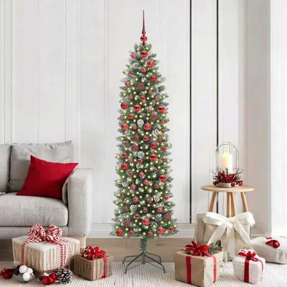 vidaXL Kunstigt Slankt Juletræ 180 cm med 300 LED'er Grøn og Hvid