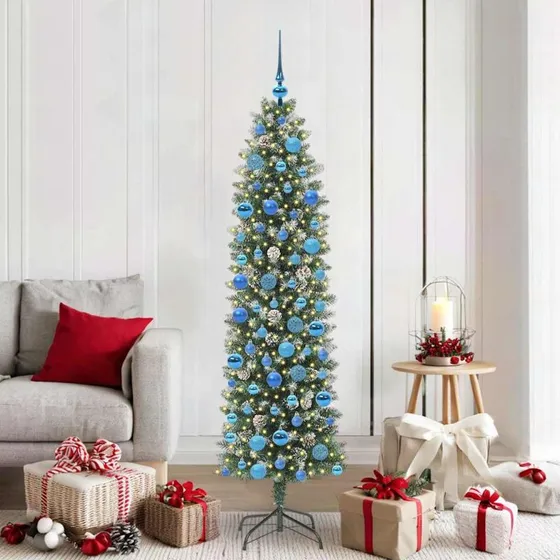 vidaXL Kunstigt slankt juletræ 180 cm med 300 LED'er Grøn og Hvid