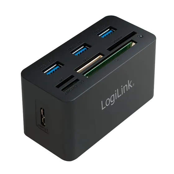 LogiLink USB 3.0 Hub med 3-porte og alle-kortlæser, sort