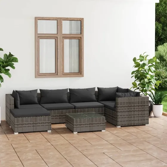 vidaXL 7-deligt loungesæt med hynder i polyrattan grå
