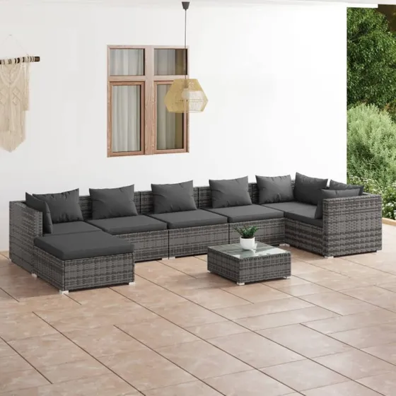 vidaXL 8-deligt loungesæt med hynder i polyrattan grå
