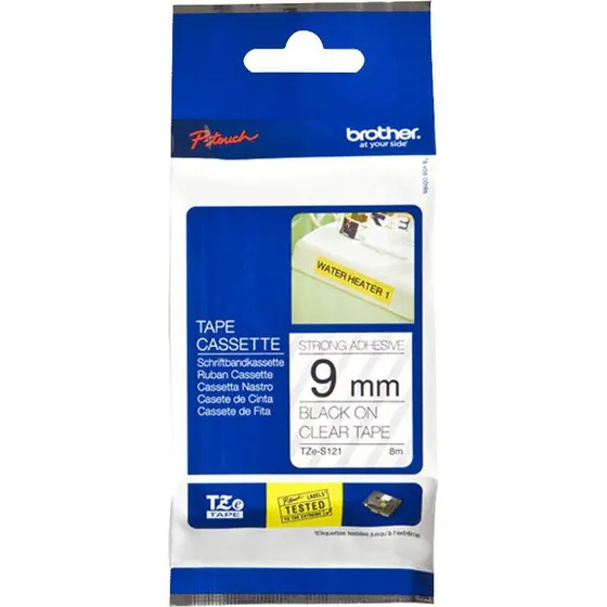 Brother TZE 9mm Lamineret Tape, Sort/Klar, 8 m