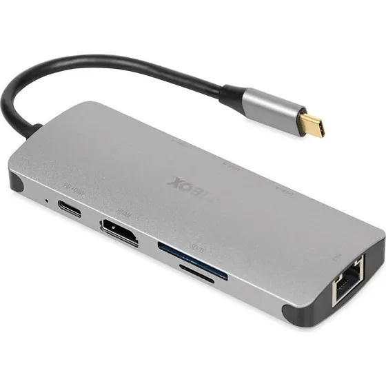iBox IUH3RJ4K USB-C Hub 3x USB-A, HDMI 4K30, RJ45, SD, 100W - Sølv