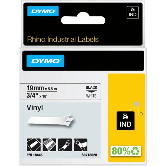 Dymo Rhino Vinyltape 19 mm, sort på hvid, 5,5 m