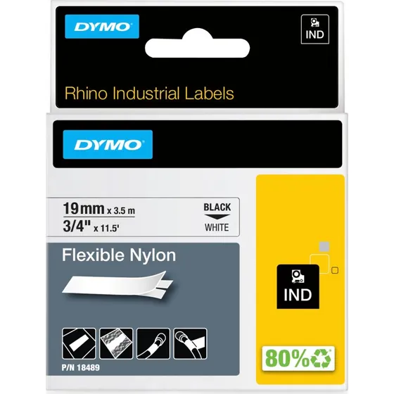 DYMO Rhino Flexibel Nylon 19mm x 3,5m, sort på hvid