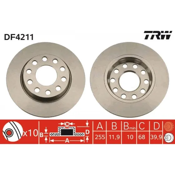 TRW Bremseskive DF4211, 255 mm, sort, lakeret, til AUDI A4 B6/B7, SEAT EXEO