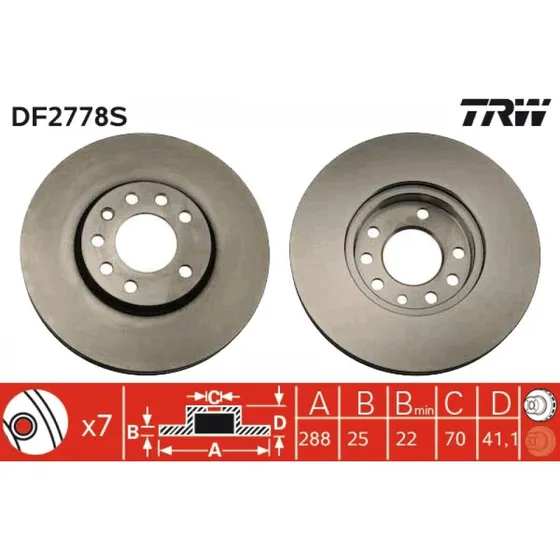 TRW DF2778S Ventileret Bremseskive, Sort, 288 mm, 7 Huller