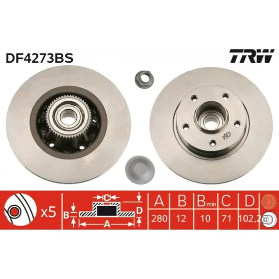 TRW Bremseskive DF4273BS 280mm, 5-hul, bagaksel