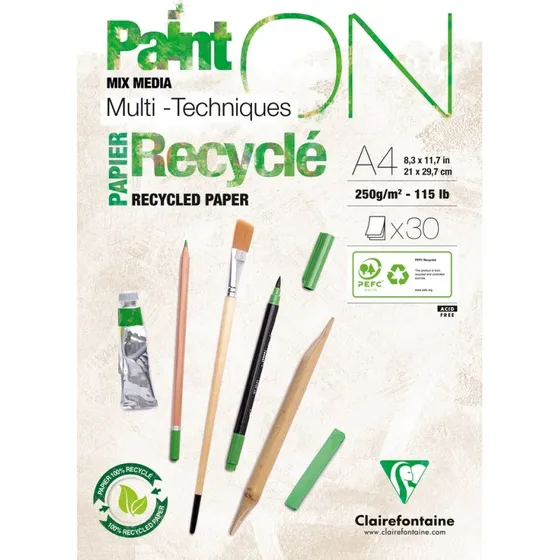 Clairefontaine PaintON A4 Tegneblok, 30 Ark, Hvid, Genbrugs papir