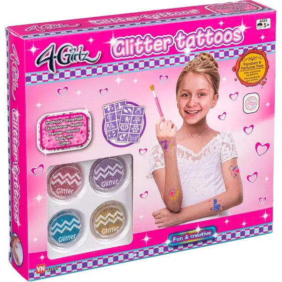 4-Girlz Glitter Tattoo Sæt – 4x Glitter, 2x Lim, 16x Skabeloner