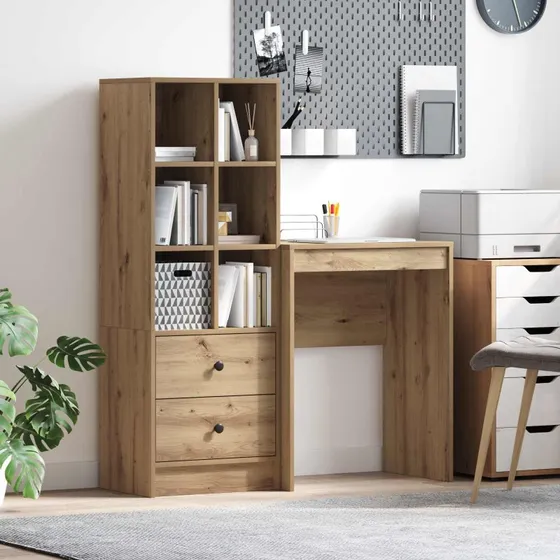 vidaXL Artisan Egetræ Skrivebord 2 stk med skuffe og hylde 45,5 x 34 x 127 cm