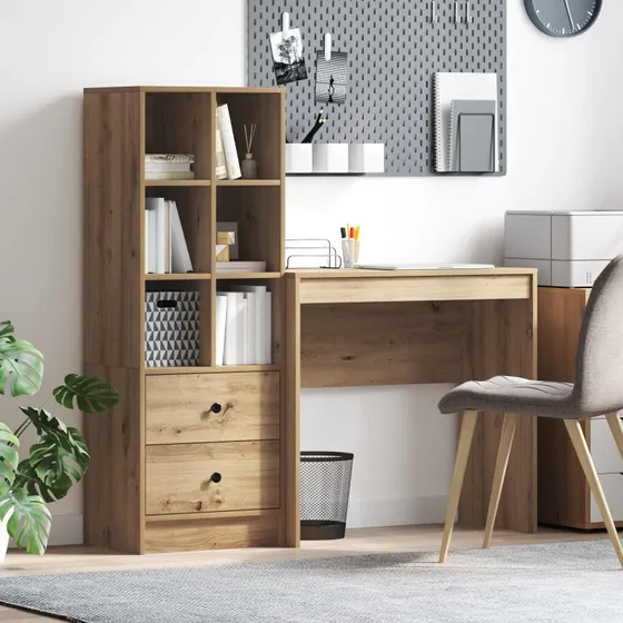 vidaXL Artisan Egetræ Skrivebord 2 stk, 80 x 40 x 76 cm, med skuffe og hylde