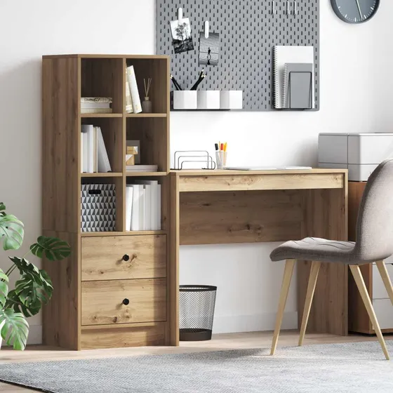vidaXL Artisan Egetræ Skrivebord 2 stk 90 x 40 x 76 cm med skuffe og hylde