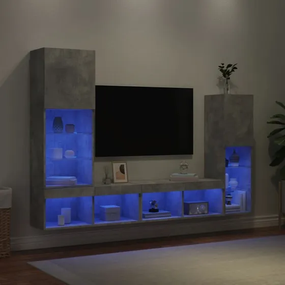 vidaXL Væg-TV-møbel 4 dele, træ, betongrå med RGB-LED
