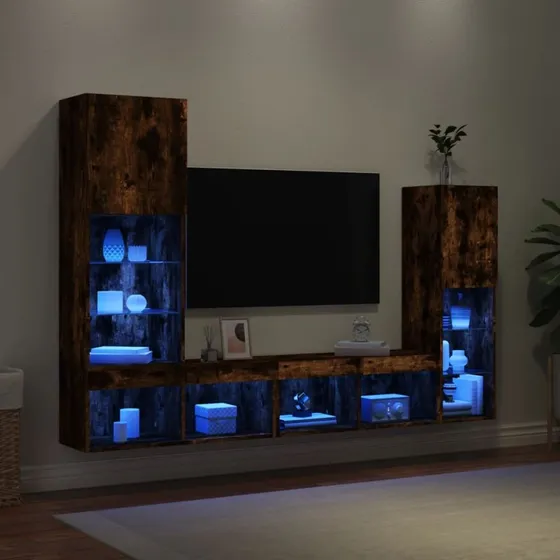 vidaXL Væg-TV-møbel 4 dele røget eg med LED-lys
