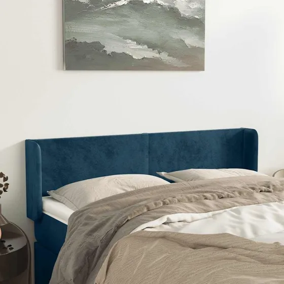 vidaXL Sengegavl med Kanter 147x16x78/88 cm, Mørkeblå Fløjl