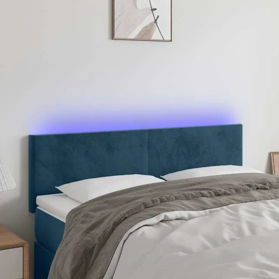 vidaXL Sengegavl med LED-lys 144x5x78/88 cm mørkeblå fløjl