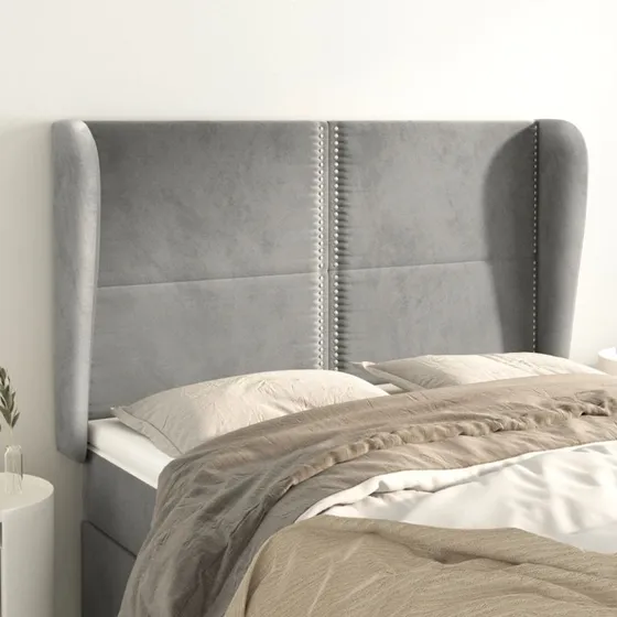vidaXL Sengegavl med Kanter 147x23x118/128 cm Lysegrå Fløjl