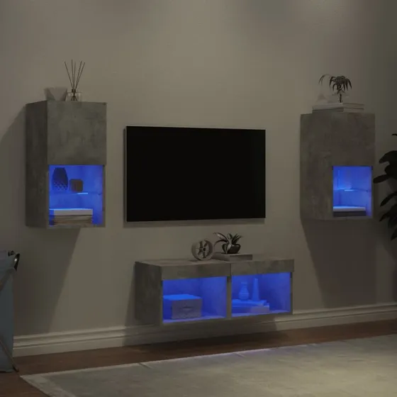 vidaXL Væg-TV-møbel med LED-lys, 4 dele, betongrå