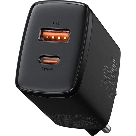 Baseus Compact 20W USB-C/USB-A Oplader Sort