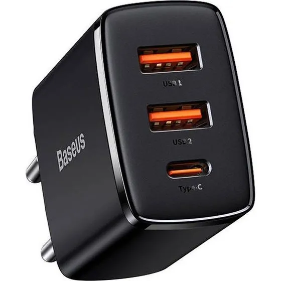 Baseus Compact Quick Charger 30W 1x USB-C + 2x USB-A Sort