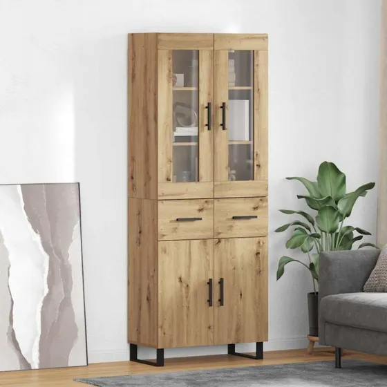 vidaXL Artisan Højskab med Skuffer 2 stk Egetræ & Glas