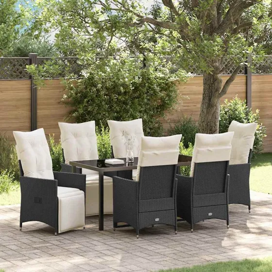 vidaXL Have Spisebordssæt 7 stk Sort Poly rattan med pude
