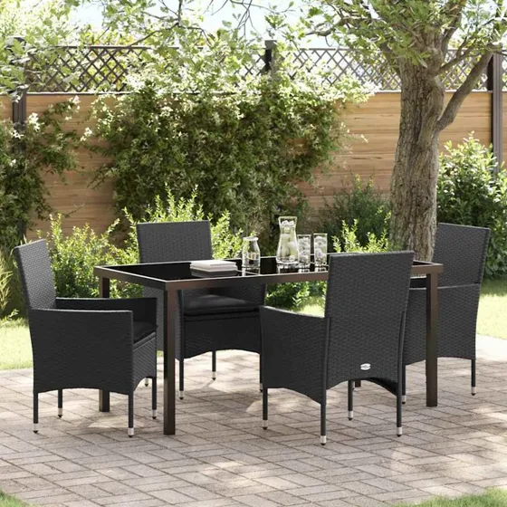 vidaXL Have Spisebordssæt 5-pcs Sort Poly rattan med pude