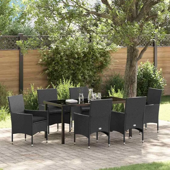 vidaXL Have Spisebordssæt 7 stk Sort Poly rattan med pude