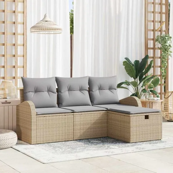 vidaXL 4-pces Havesofa Sæt med Pude, Beige og Lys Grå, Poly Rattan