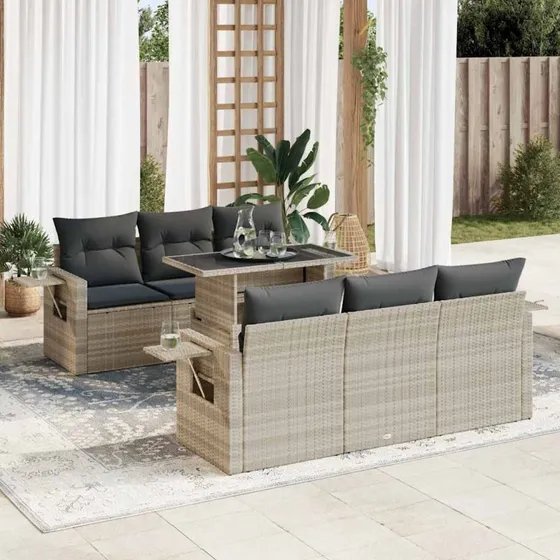 vidaXL 7-delssofasæt med hynder, lysegrå polyrattan