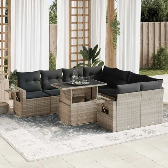 vidaXL 9-delssofasæt med hynder, polyrattan lysegrå