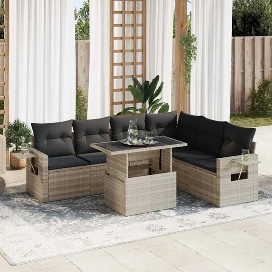 vidaXL 7-delssofasæt med hynder, lysegrå polyrattan