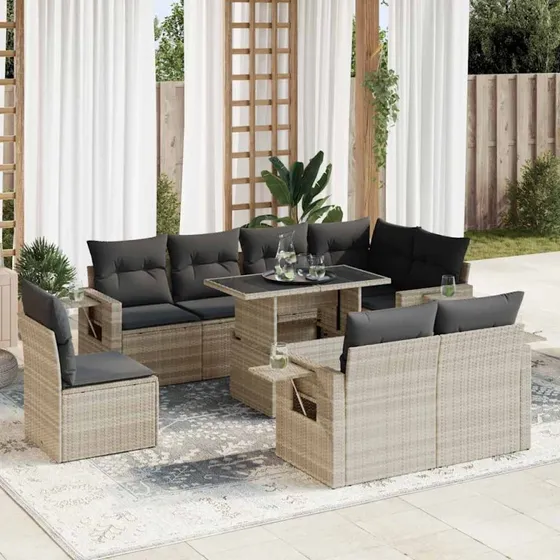 vidaXL 9-delssofasæt med hynder, polyrattan lysegrå