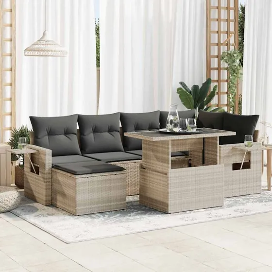 vidaXL 7-delssofasæt med hynder, lysegrå polyrattan